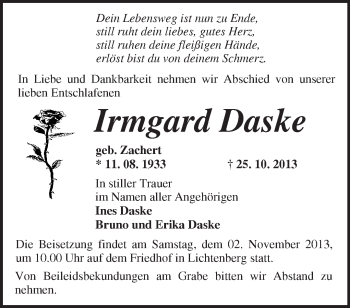 Traueranzeige von Irmgard Daske von Märkische Oderzeitung