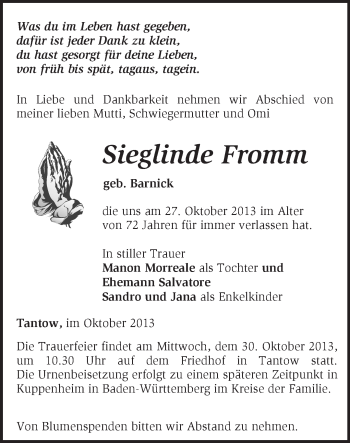 Traueranzeige von Siegliende Fromm von Märkische Oderzeitung