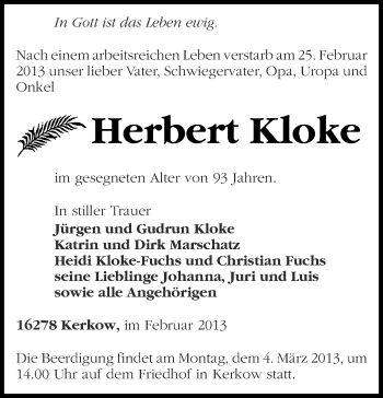 Traueranzeige von Herbert Kloke von Märkische Oderzeitung