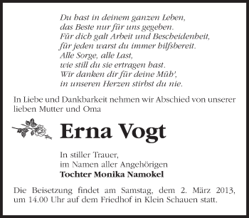 Traueranzeige von Erna Vogt von Märkische Oderzeitung