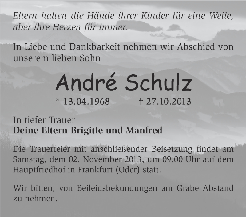  Traueranzeige für Andre Schulz vom 30.10.2013 aus Märkische Oderzeitung