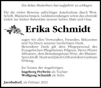 Traueranzeige von Erika Schmidt von Märkische Oderzeitung