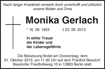 Traueranzeige von Monika Gerlach von Märkische Oderzeitung