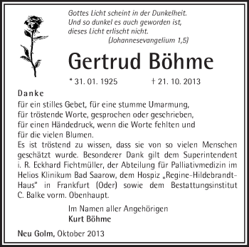 Traueranzeige von Gertrud Böhme von Märkische Oderzeitung