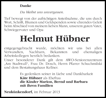 Traueranzeige von Helmut Hübner von Märkische Oderzeitung