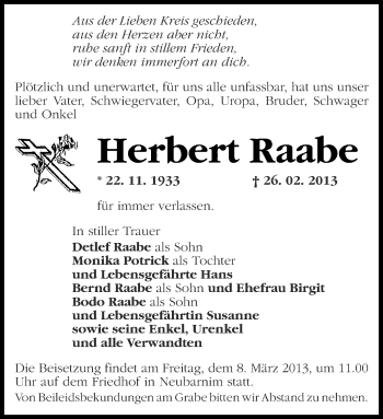 Traueranzeige von Herbert Raabe von Märkische Oderzeitung