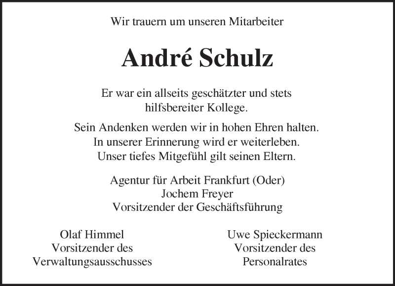  Traueranzeige für Andre Schulz vom 01.11.2013 aus Märkische Oderzeitung