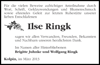 Traueranzeige von Ilse Ringk von Märkische Oderzeitung