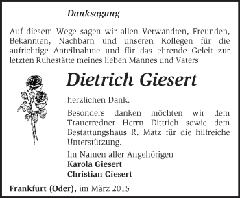 Traueranzeige von Dietrich Giesert von Märkische Oderzeitung