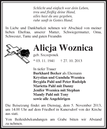 Traueranzeige von Alicja Woznica von Märkische Oderzeitung