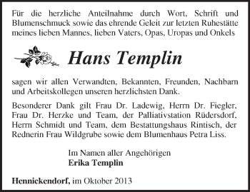 Traueranzeige von Hans Templin von Märkische Oderzeitung