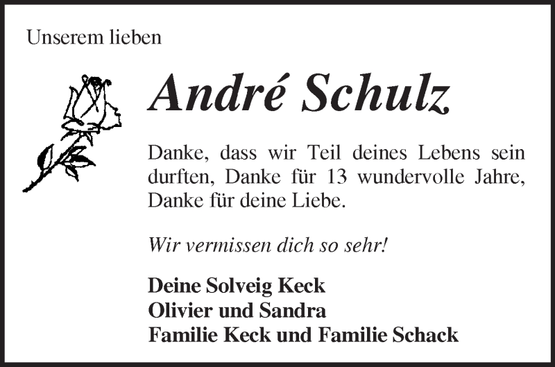  Traueranzeige für Andre Schulz vom 05.11.2013 aus Märkische Oderzeitung