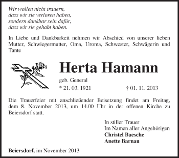 Traueranzeige von Herta Hamann von Märkische Oderzeitung