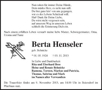 Traueranzeige von Bertha Henseler von Märkische Oderzeitung