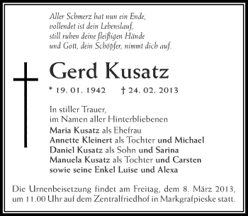 Traueranzeige von Gerd Kusatz von Märkische Oderzeitung