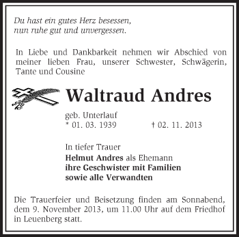 Traueranzeige von Waltraud Andres von Märkische Oderzeitung