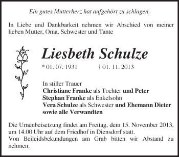 Traueranzeige von Liesbeth Schulze von Märkische Oderzeitung