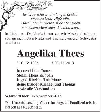 Traueranzeige von Angelika Thees von Märkische Oderzeitung