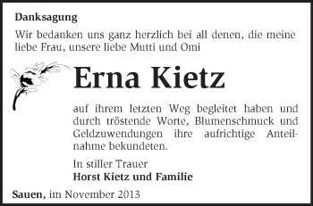 Traueranzeige von Erna Kietz von Märkische Oderzeitung