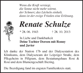 Traueranzeige von Renate Schulze von Märkische Oderzeitung