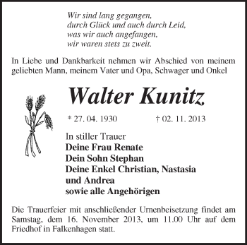 Traueranzeige von Walter Kunitz von Märkische Oderzeitung