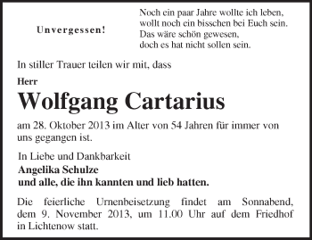 Traueranzeige von Wolfgang Catarius von Märkische Oderzeitung