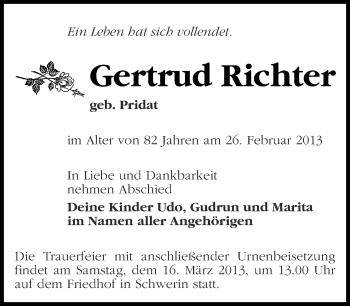 Traueranzeige von Gertrud Richter von Märkische Oderzeitung