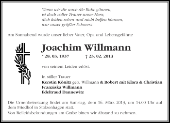 Traueranzeige von Joachim Willmann von Märkische Oderzeitung