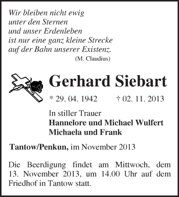 Traueranzeige von Gerhard Siebart von Märkische Oderzeitung