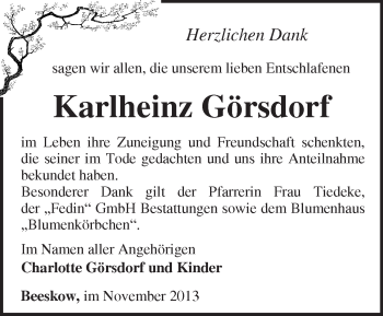 Traueranzeige von Karlheinz Görsdorf von Märkische Oderzeitung