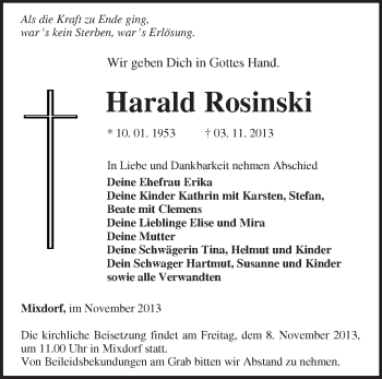 Traueranzeige von Harald Rosinski von Märkische Oderzeitung