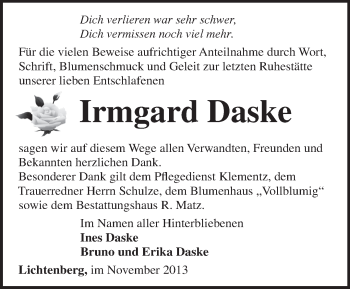 Traueranzeige von Irmgard Daske von Märkische Oderzeitung