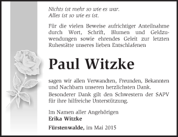 Traueranzeige von Paul Witzke von Märkische Oderzeitung