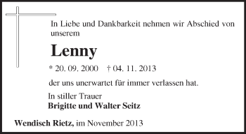 Traueranzeige von Lenny  von Märkische Oderzeitung