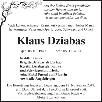 Traueranzeige von Klaus Dziabas von Märkische Oderzeitung