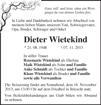 Traueranzeige von Dieter Wietekind von Märkische Oderzeitung