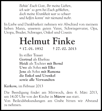 Traueranzeige von Helmut Finke von Märkische Oderzeitung