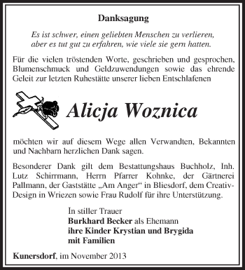 Traueranzeige von Alicja Woznica von Märkische Oderzeitung