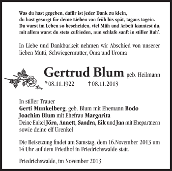 Traueranzeige von Gertrud Blum von Märkische Oderzeitung