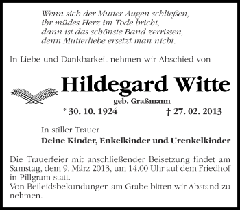 Traueranzeige von Hildegard Witte von Märkische Oderzeitung