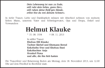 Traueranzeige von Helmut Klauke von Märkische Oderzeitung