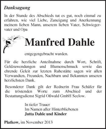 Traueranzeige von Manfred Dahle von Märkische Oderzeitung