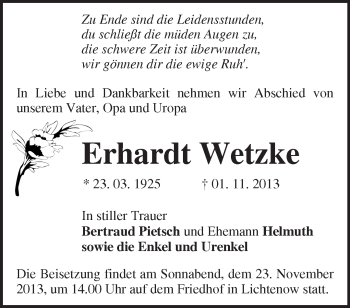 Traueranzeige von Erhardt Wetzke von Märkische Oderzeitung