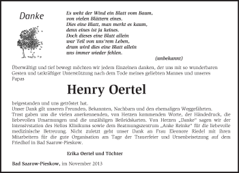 Traueranzeige von Henry Oertel von Märkische Oderzeitung