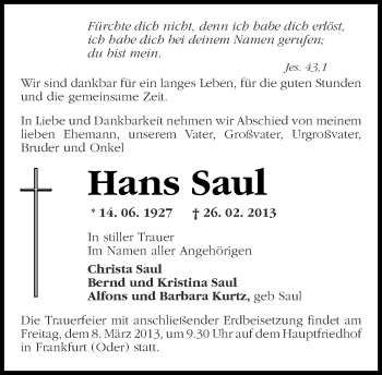 Traueranzeige von Hans Saul von Märkische Oderzeitung