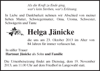 Traueranzeige von Helga Jänicke von Märkische Oderzeitung