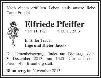 Traueranzeige von Elfriede Pfeiffer von Märkische Oderzeitung