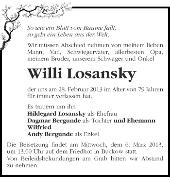 Traueranzeige von Willi Losansky von Märkische Oderzeitung