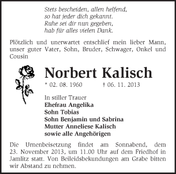 Traueranzeige von Norbert Kalisch von Märkische Oderzeitung