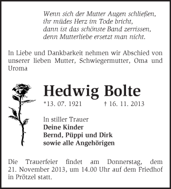 Traueranzeige von Hedwig Bolte von Märkische Oderzeitung